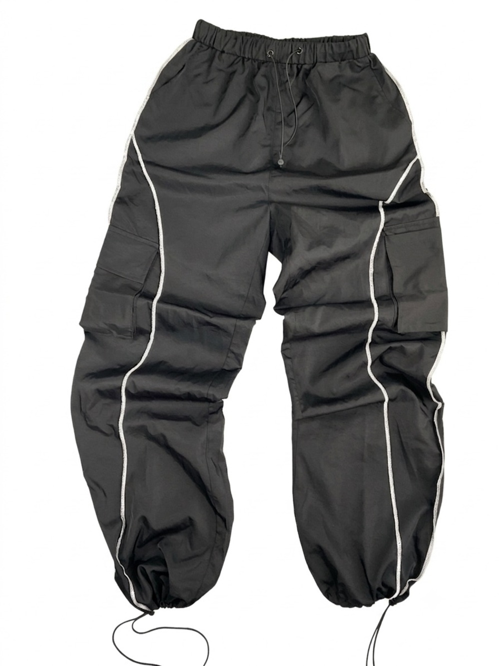 Men's Black Cargo Jogger Pants with White Piping